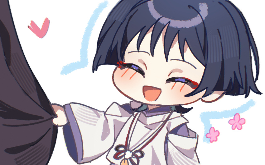 1boy, absurdres, black_hair, blunt_ends, blush, chibi, closed_eyes, clothes_grab