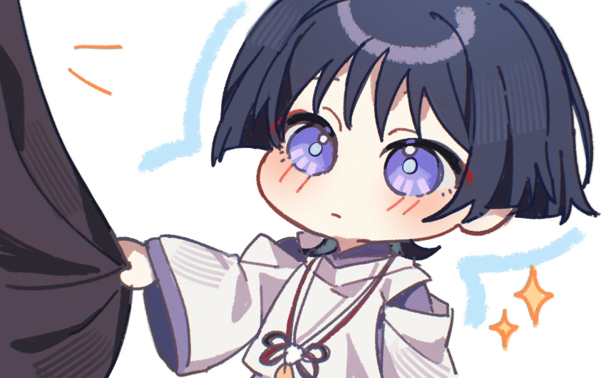 1boy, absurdres, black_hair, blunt_ends, blush, chibi, closed_mouth, clothes_grab
