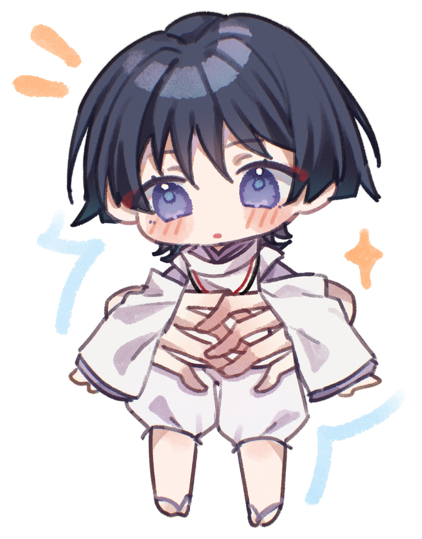 1boy, arms_at_sides, black_hair, blunt_ends, blush, chibi, clothing_cutout, disembodied_hand