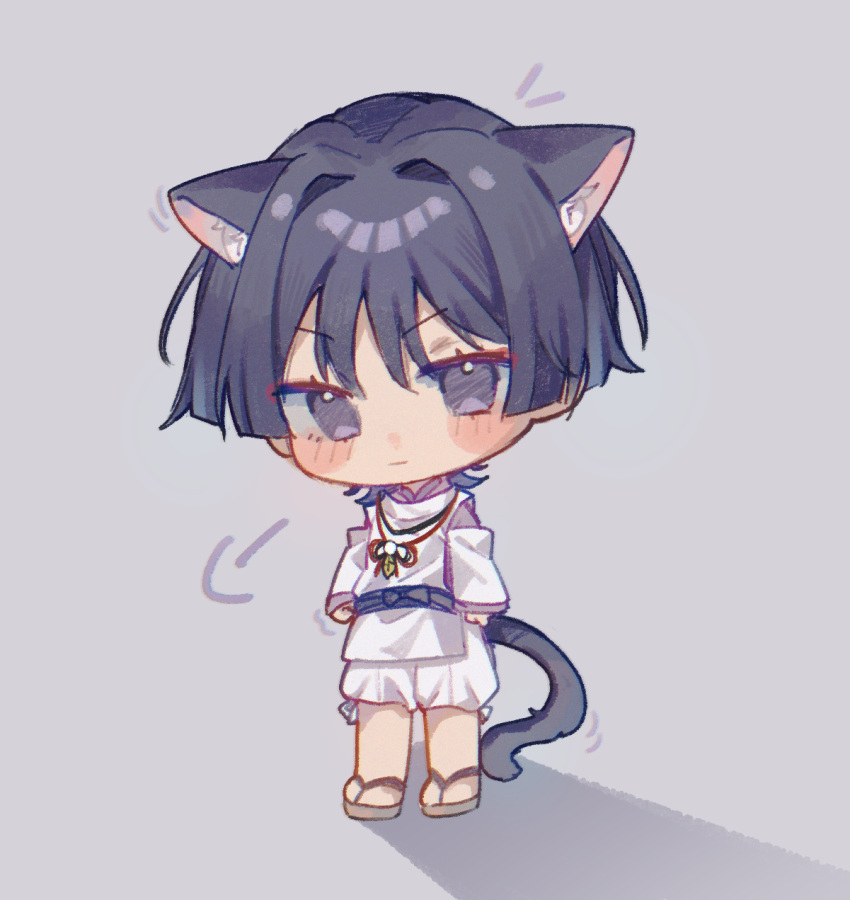 1boy, animal_ear_fluff, animal_ears, arms_at_sides, black_bow, black_hair, black_sash, blunt_ends
