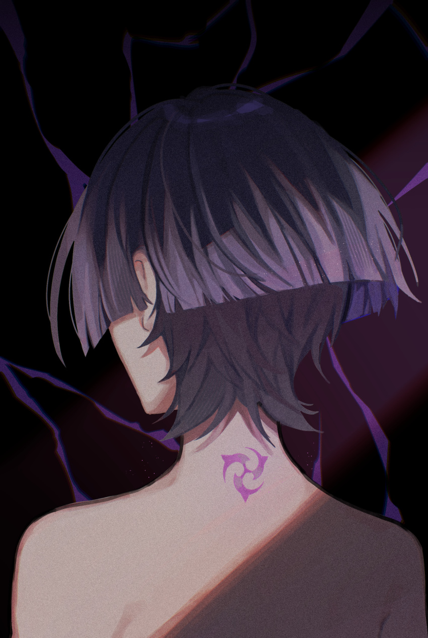 1boy, absurdres, bare_shoulders, birthmark, black_background, black_hair, blunt_ends, colored_inner_hair