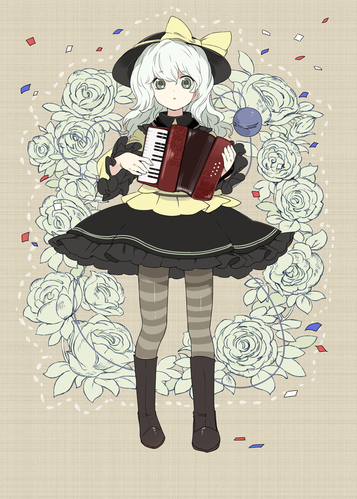 accordion, confetti, eyeball, flower, grey_legwear, hat, instrument, kakueki-teisha