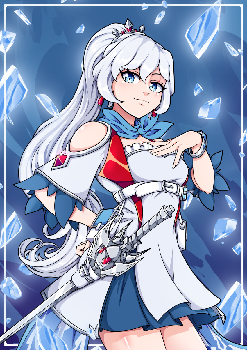 1girl, absurdres, belt, blue_background, blue_eyes, blue_scarf, bracelet, breasts