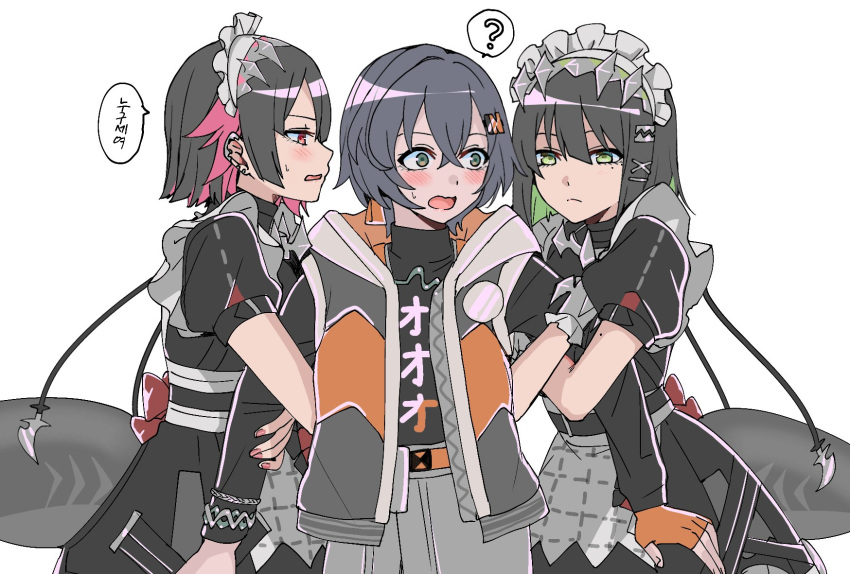 3girls, ?, arm_hug, belle_(zenless_zone_zero), black_dress, black_hair, black_shirt, blue_eyes
