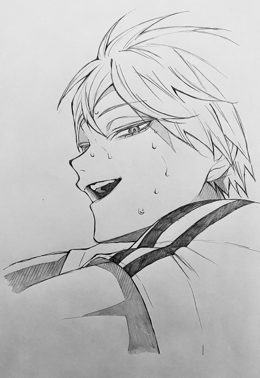 1boy, 3_surugi, commentary_request, cropped_torso, from_side, grey_background, greyscale, haikyuu!!