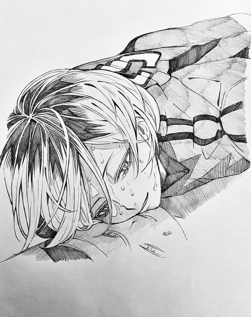 1boy, 3_surugi, commentary_request, greyscale, haikyuu!!, hair_behind_ear, highres, kozume_kenma