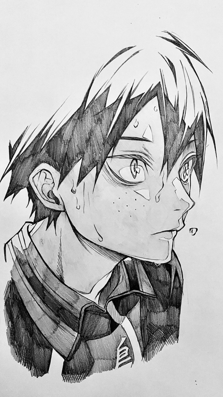 1boy, 3_surugi, closed_mouth, collared_shirt, cropped_torso, freckles, grey_background, greyscale