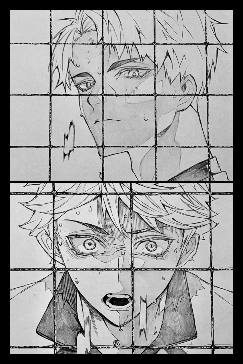 2boys, 3_surugi, adam's_apple, border, collared_shirt, commentary_request, curtained_hair, greyscale
