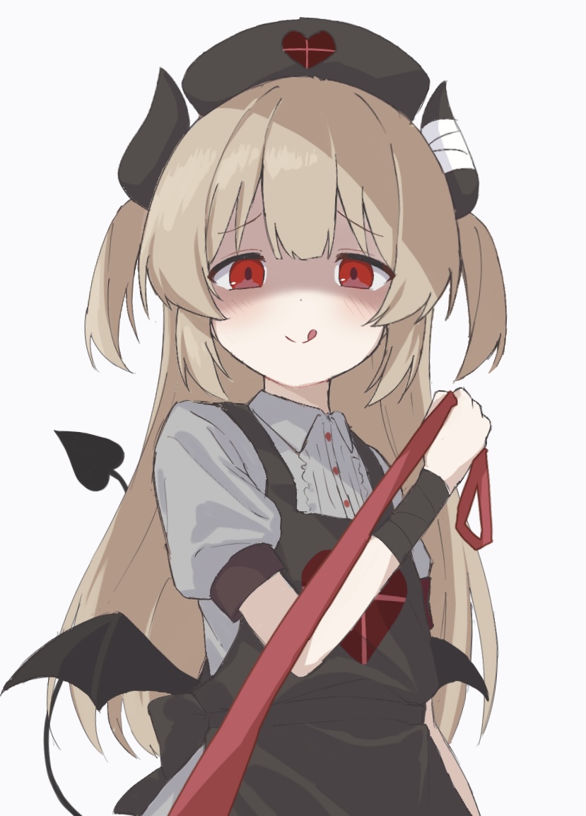 1girl, apron, bandaged_horn, bat_wings, black_apron, black_hat, black_horns, black_tail