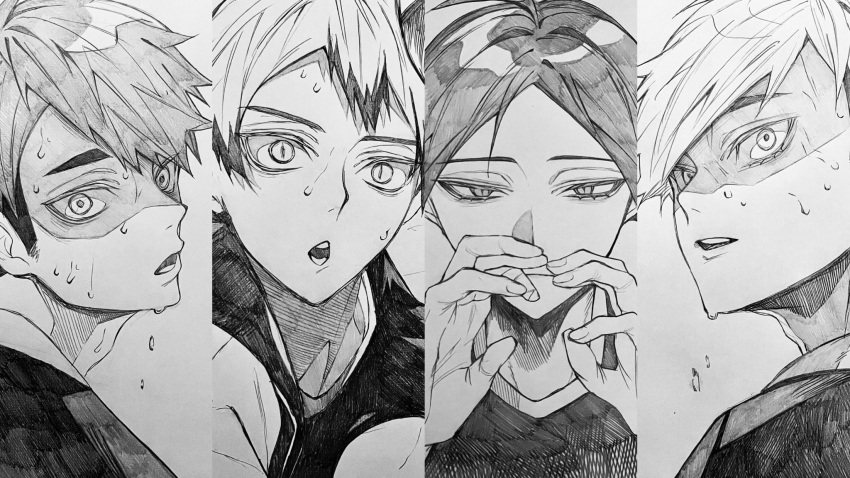 3_surugi, 4boys, adam's_apple, arms_up, brothers, commentary_request, fingernails, greyscale