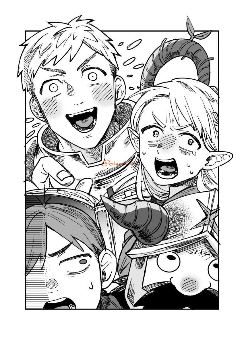 1girl, 3boys, ambrosia_(dungeon_meshi), armor, chilchuck_tims, cibamatoxins, commentary_request, dungeon_meshi