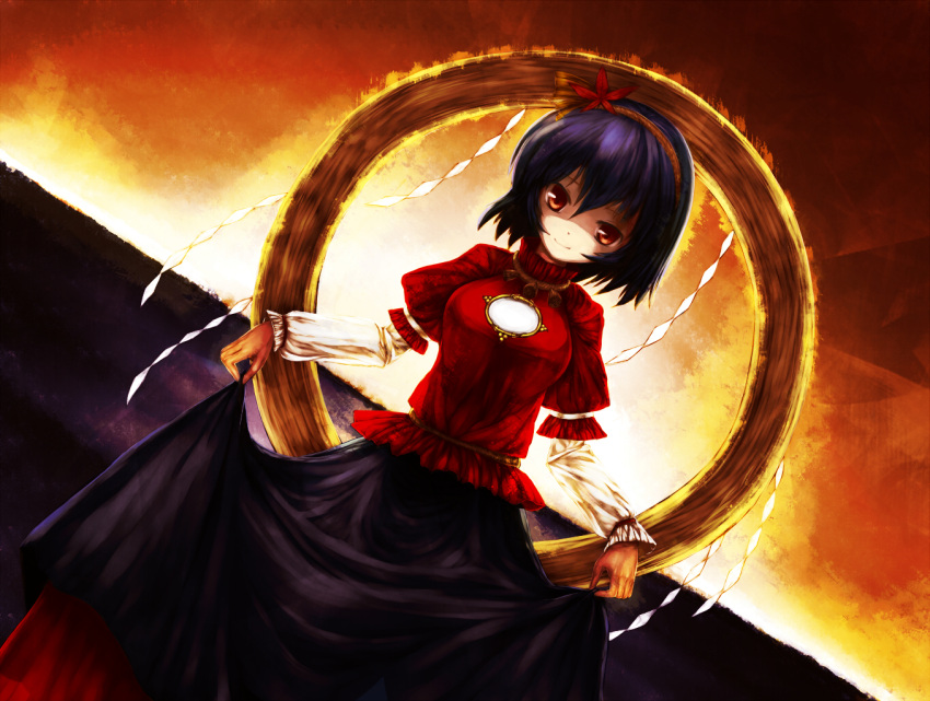 black_skirt, curtsey, homeless_mk_ii, large_breasts, leaf, long_skirt, purple_hair, red_eyes
