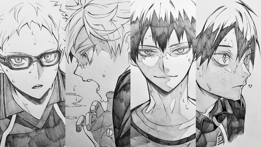3_surugi, 4boys, arm_up, closed_mouth, collared_shirt, commentary, cropped_torso, fingernails