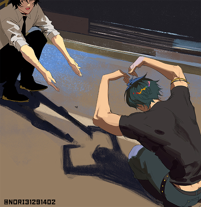 ..., 1boy, 2boys, asaba_harumasa, black_necktie, black_pants, black_shirt, cat_shadow_puppet