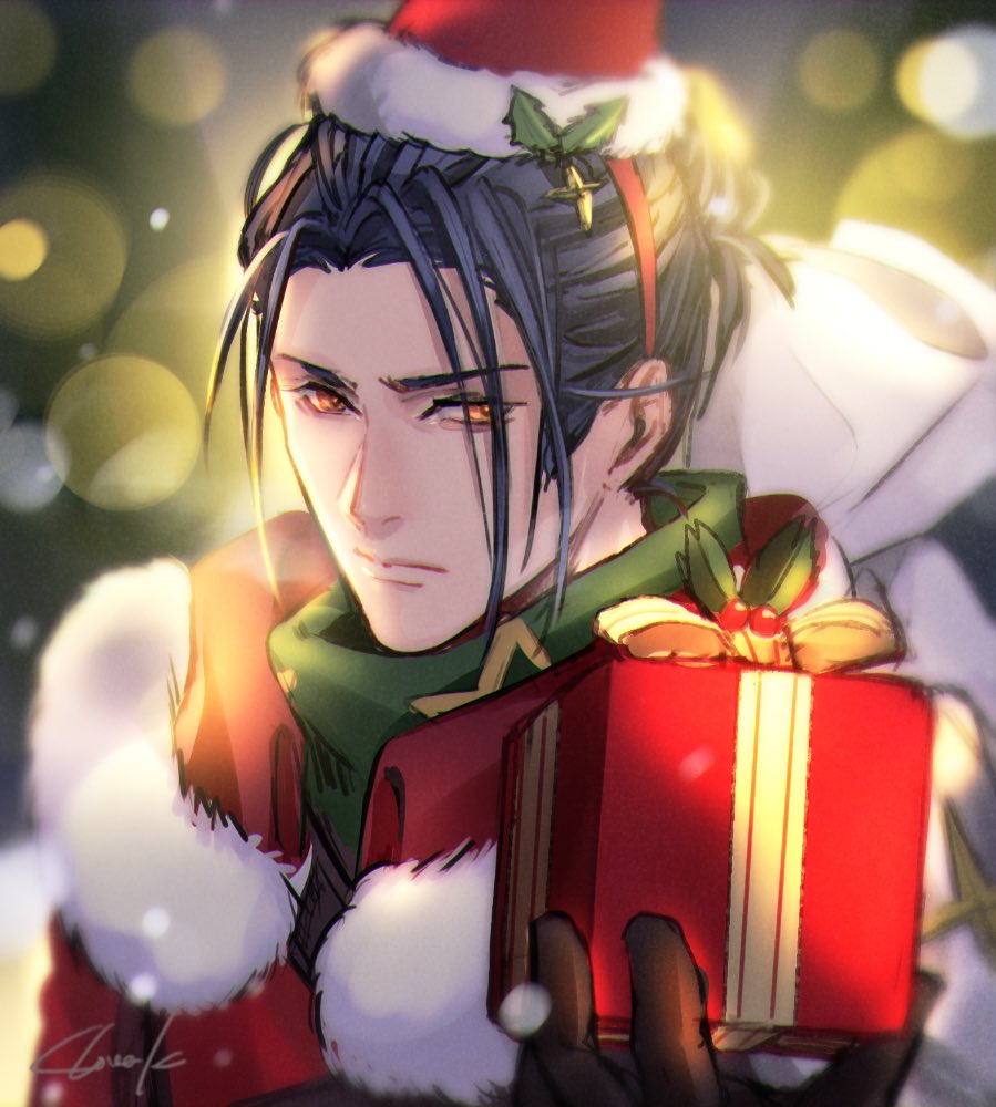 1boy, blue_hair, blurry, blurry_background, bow, box, brown_gloves, closed_mouth