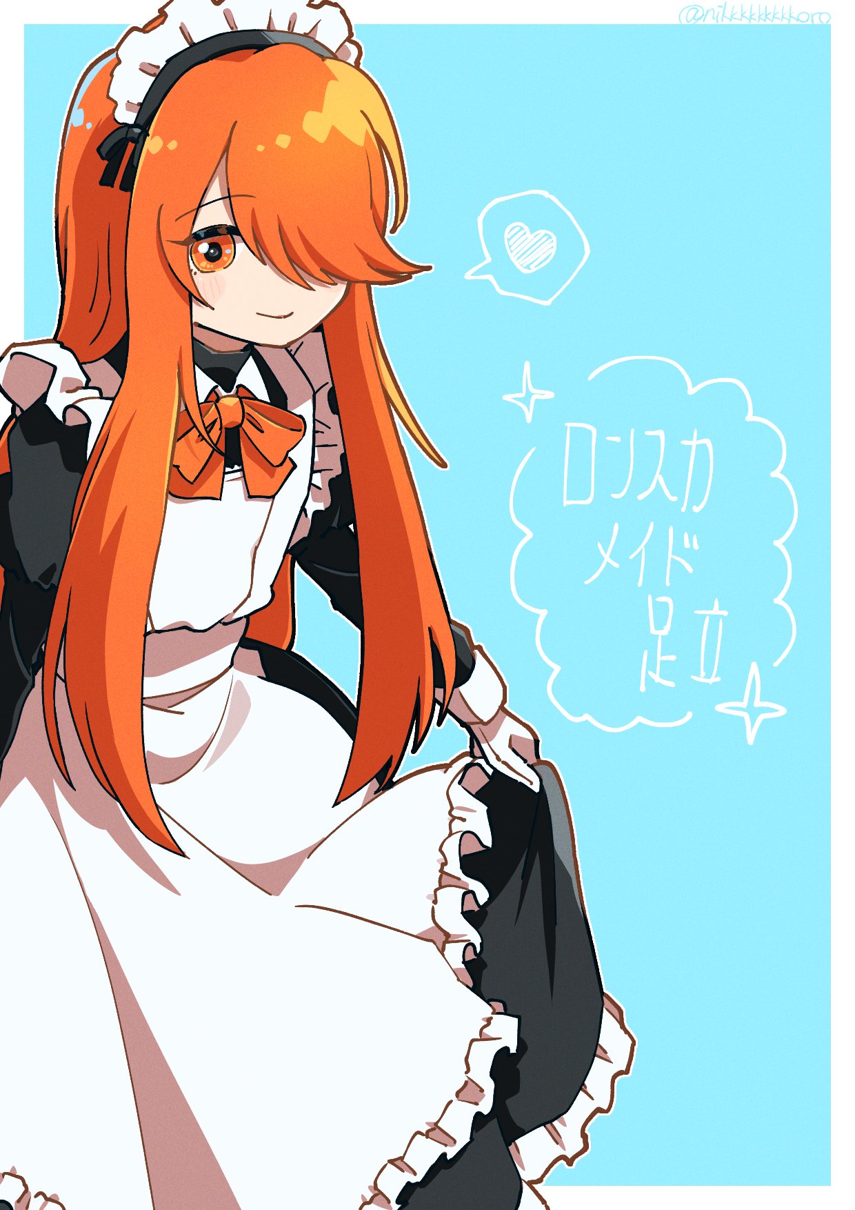 1girl, a.i._voice, adachi_rei, alternate_costume, alternate_hair_length, alternate_hairstyle, apron, black_dress, blue_background, blush, border, bow, bowtie, closed_mouth, commentary_request, dress, enmaided, feet_out_of_frame, flat_chest, frilled_hairband, frills, gloves, hair_over_one_eye, hairband, heart, highres, long_bangs, long_dress, long_hair, looking_at_viewer, maid, maid_headdress, nikkkkkkkkkoro, orange_bow, orange_bowtie, orange_hair, outside_border, skirt_hold, smile, solo, spoken_heart, translation_request, utau, white_apron, white_border, white_gloves, white_hairband