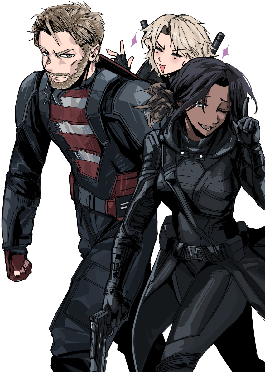 2girls, absurdres, american_flag, american_flag_print, beard, black_hair, blonde_hair, dark-skinned_female