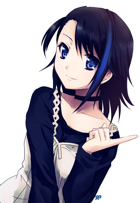 aill, ao_(shuukaku_no_12gatsu), black_hair, blue_eyes, blue_hair, casual, choker, kiryuu_aoko, multicolored_hair, shuukaku_no_12gatsu, smile, solo, two-tone_hair