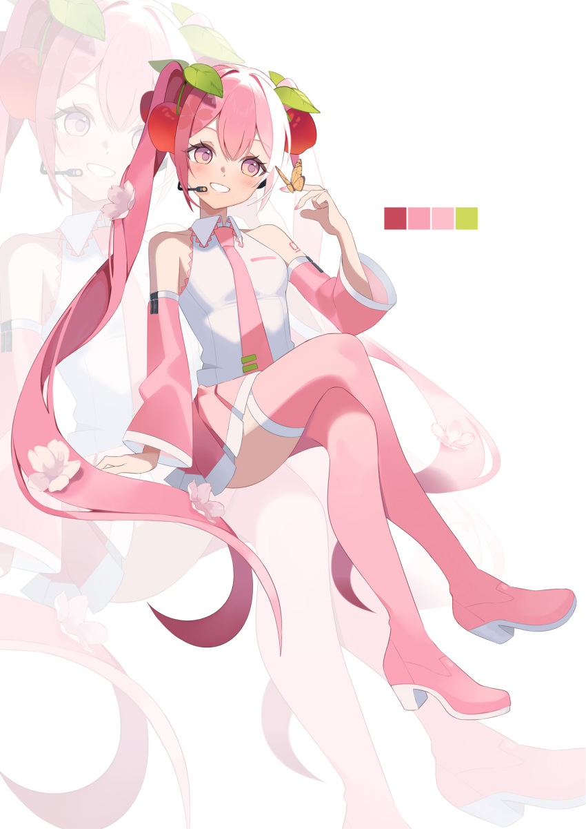 1girl, cherry, cherry_blossoms, food, fruit, hatsune_miku, headphones, highres