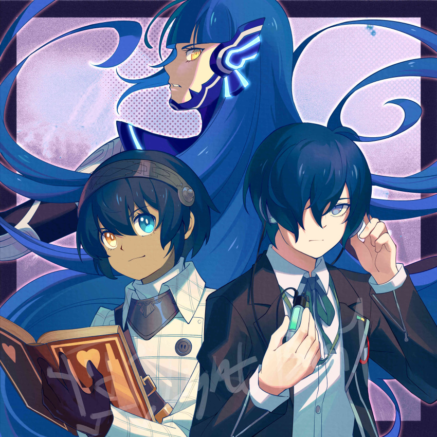 3boys, absurdres, aqua_ribbon, atlus, black_gloves, black_jacket, blue_eyes, blue_hair, bodysuit, book, brick_st, buttons, commentary_request, company_connection, gekkoukan_high_school_uniform, gloves, hair_over_one_eye, heterochromia, highres, holding, holding_book, jacket, long_hair, male_focus, metaphor:_refantazio, multiple_boys, neck_ribbon, one_eye_covered, open_clothes, open_jacket, persona, persona_3, profile, protagonist_(metaphor:_refantazio), protagonist_(smtv), ribbon, school_uniform, shin_megami_tensei, shin_megami_tensei_v, shirt, short_hair, signature, trait_connection, very_long_hair, white_jacket, white_shirt, yellow_eyes, yuuki_makoto_(persona_3)