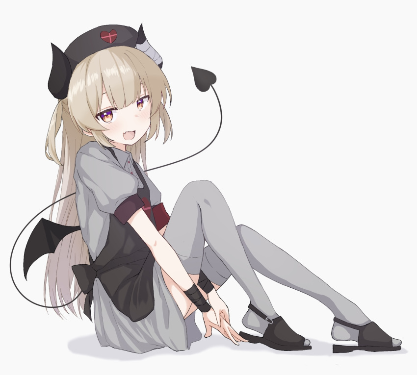 1girl, apron, bandaged_horn, bandaged_wrist, bandages, bat_wings, black_apron, black_bandages