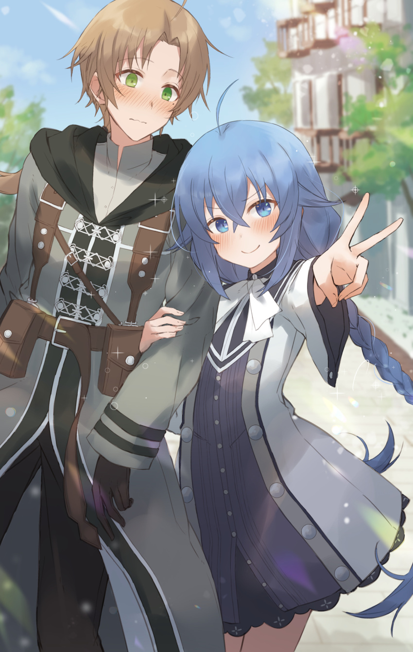 1boy, 1girl, ahoge, black_gloves, blue_eyes, blue_hair, blush, braid