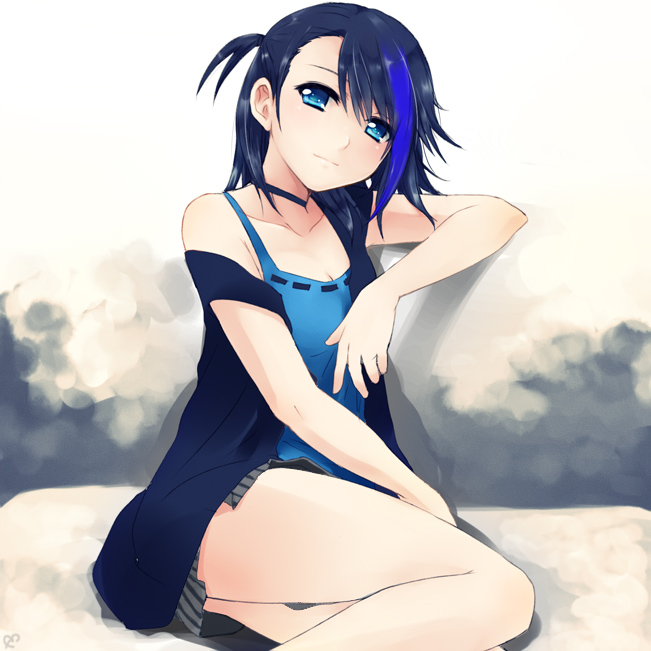 aill, ao_(shuukaku_no_12gatsu), black_hair, blue_eyes, blue_hair, casual, choker, kiryuu_aoko