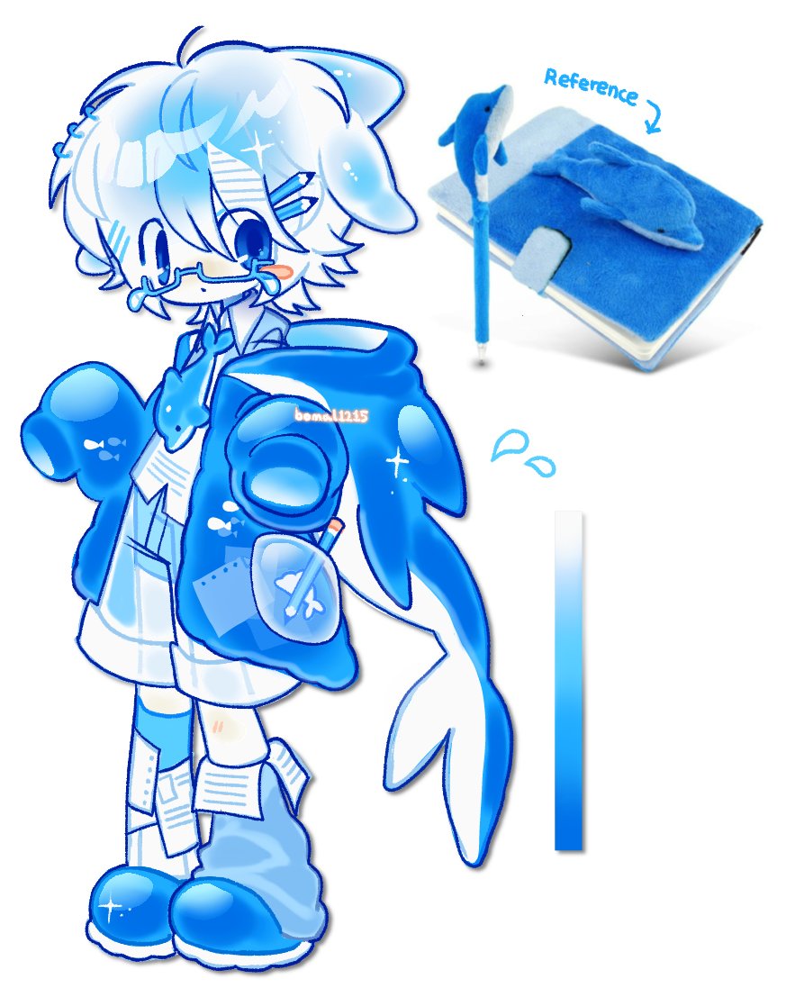 1other, androgynous, animal_ears, blue_eyes, blue_hoodie, blue_leg_warmers, blue_shoes, blue_theme, blush_stickers, bomal1215, cetacean_tail, colored_skin, commentary, cyber_fashion, dolphin, fashion, fins, fish_tail, frutiger_aero, glasses, hood, hood_down, hoodie, leg_warmers, long_sleeves, looking_at_viewer, necktie, object_and_personification, original, other_focus, paper, pencil, personification, shoes, short_hair, simple_background, sleeves_past_wrists, solo, standing, stationery, symbol-only_commentary, tail, white_background, white_hair, white_skin