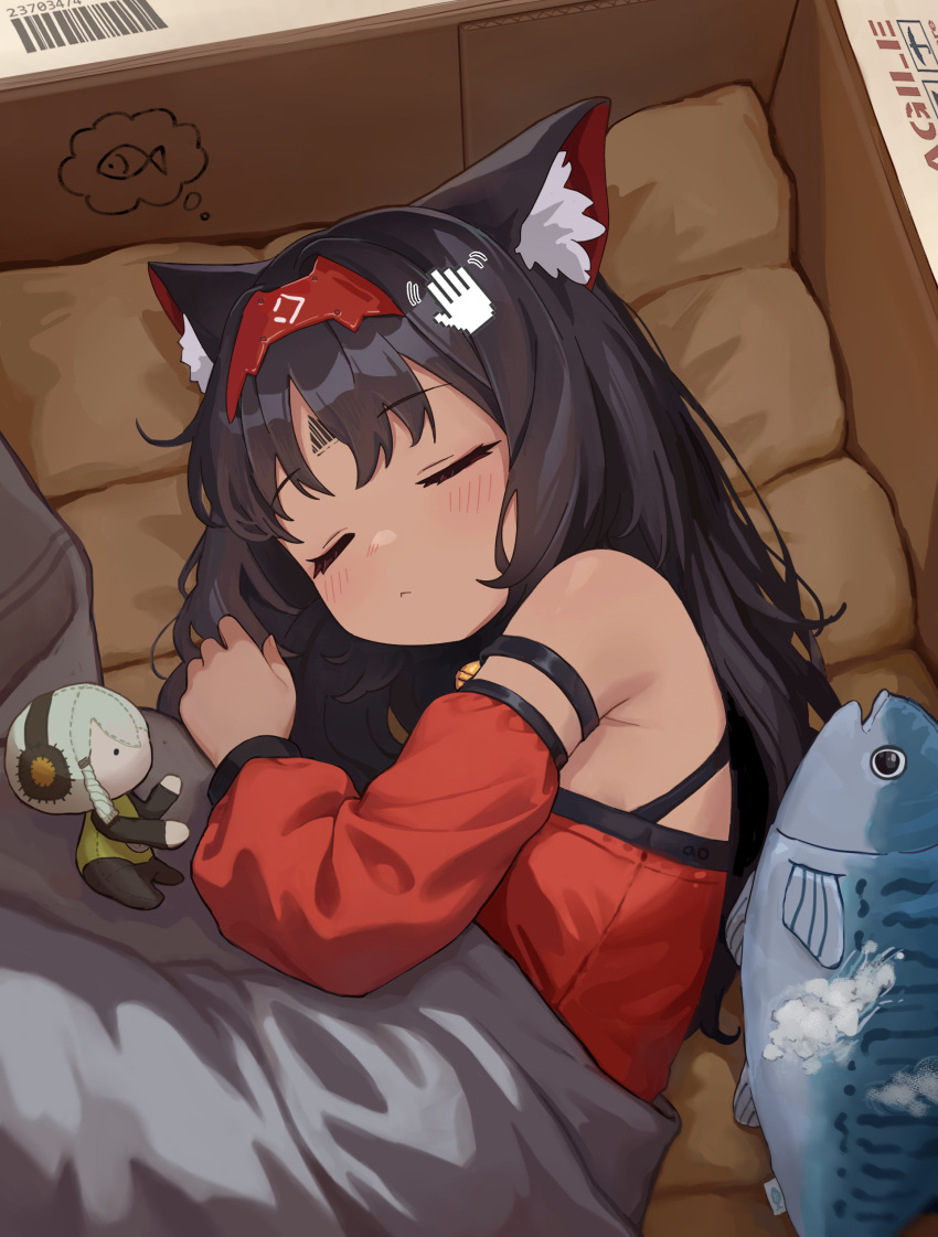 1girl, absurdres, anby_demara, animal_ears, aowow, bare_shoulders, black_hair, blush, box, cat_ears, cat_girl, closed_eyes, closed_mouth, dark-skinned_female, dark_skin, detached_sleeves, fish, hairband, highres, in_box, in_container, long_hair, lying, nekomiya_mana, on_side, red_hairband, red_shirt, shirt, sidelocks, sleeping, solo, stuffed_animal, stuffed_toy, under_covers, zenless_zone_zero