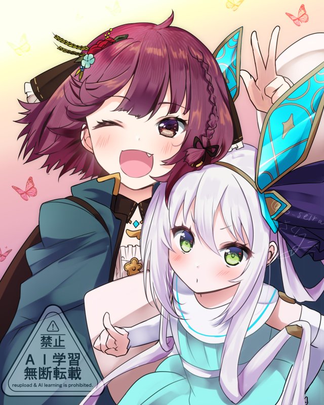 2girls, atelier_(series), atelier_sophie_2, bug, butterfly, fang, hair_ornament, looking_at_viewer