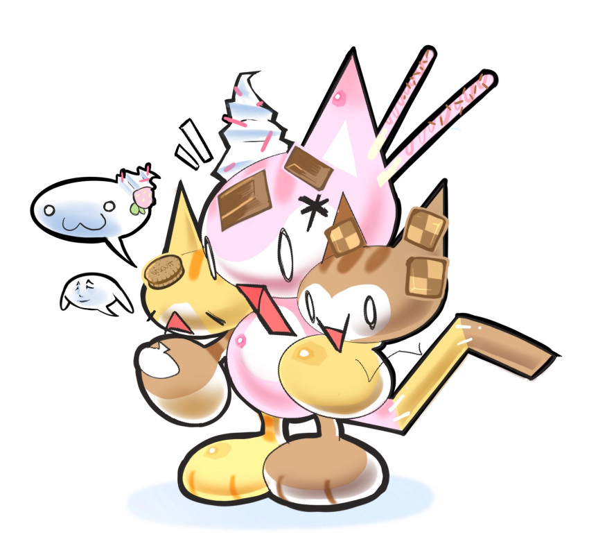 1other, adoptable, animal_ears, animal_feet, cat_ears, cat_tail, checkerboard_cookie, chibikemo, chocolate, commentary, cookie, emoticon, english_commentary, fishishing, food, furry, heisei_retro, highres, ice_cream, kaomoji, low_poly, multiple_heads, neapolitan_ice_cream, neapolitan_palette, original, other_focus, simple_background, solo, spoken_expression, sweets, tail, wafer_stick, whipped_cream, white_background