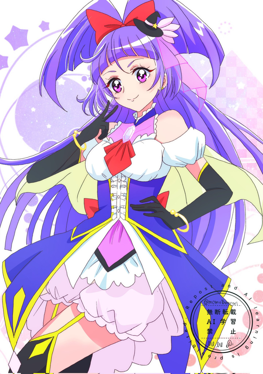 1girl, arched_bangs, ascot, back_bow, bare_shoulders, black_gloves, black_hat, black_thighhighs