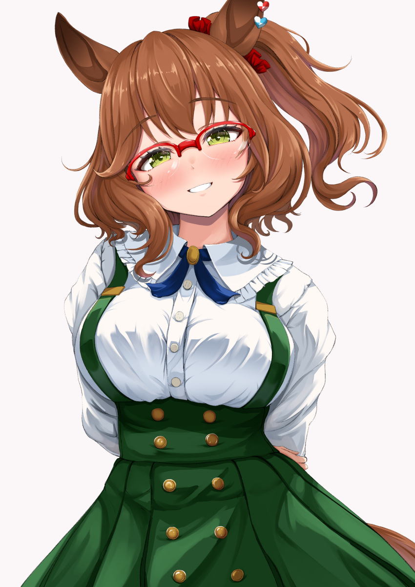 1girl, absurdres, animal_ears, aston_machan_(umamusume), black_ribbon, blush, breasts, brown_hair, buttons, closed_mouth, commentary_request, cowboy_shot, double-breasted, ear_ornament, full_body, glasses, green_skirt, hachi7515, hair_between_eyes, highres, horse_ears, horse_girl, horse_tail, long_sleeves, looking_at_viewer, medium_breasts, one_side_up, red-framed_eyewear, red_scrunchie, ribbon, scrunchie, semi-rimless_eyewear, shirt, short_hair, simple_background, skirt, smile, solo, tail, umamusume, white_background, white_shirt, yellow_eyes
