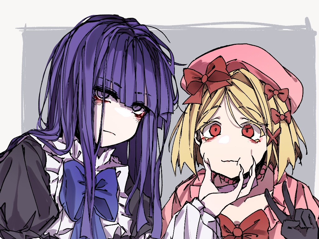2girls, beret, black_dress, black_gloves, blonde_hair, blue_bow, blue_bowtie, blue_eyes