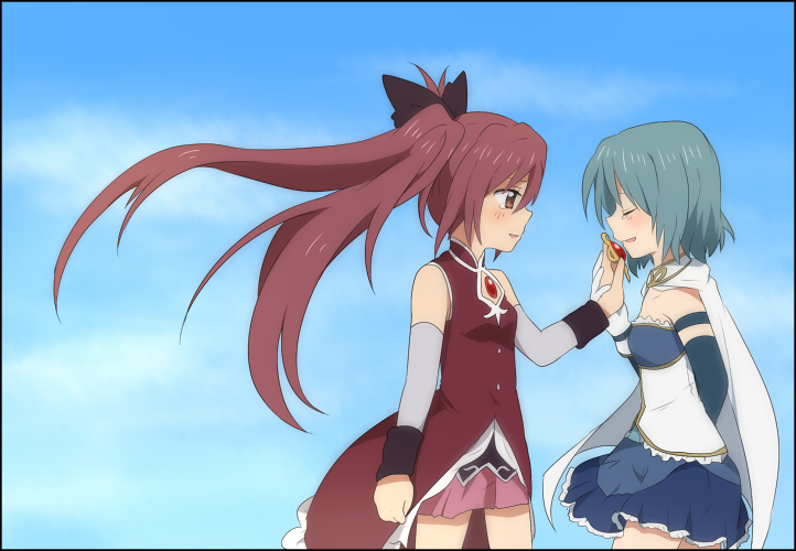 2girls, blue_background, blue_hair, blue_sky, cloud, hiiringu, long_hair, magical_girl