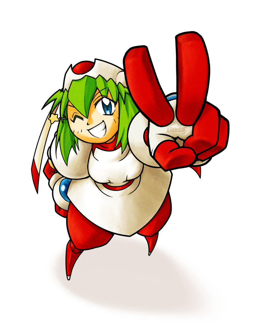 1girl, artist_name, blue_eyes, from_above, green_hair, grin, hair_between_eyes, hand_on_own_hip