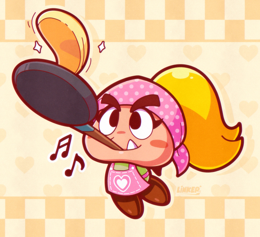 1girl, apron, artist_name, blonde_hair, blush_stickers, brown_shoes, checkered_background, cooking