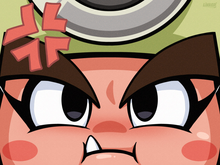 1girl, anger_vein, angry, black_eyes, blush_stickers, close-up, english_commentary, fang