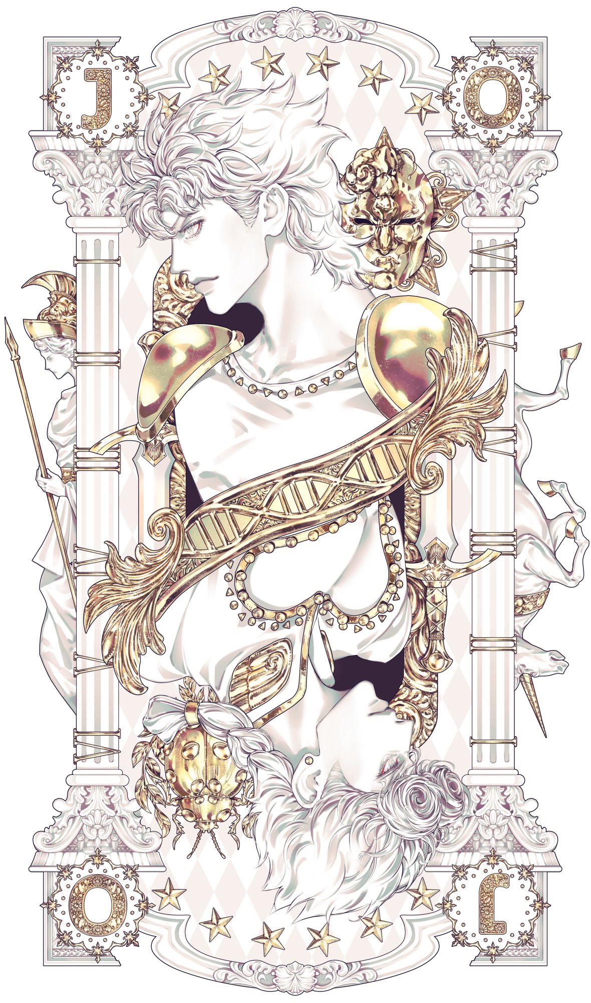 2boys, armor, art_nouveau, braid, bug, colored_skin, column, earrings
