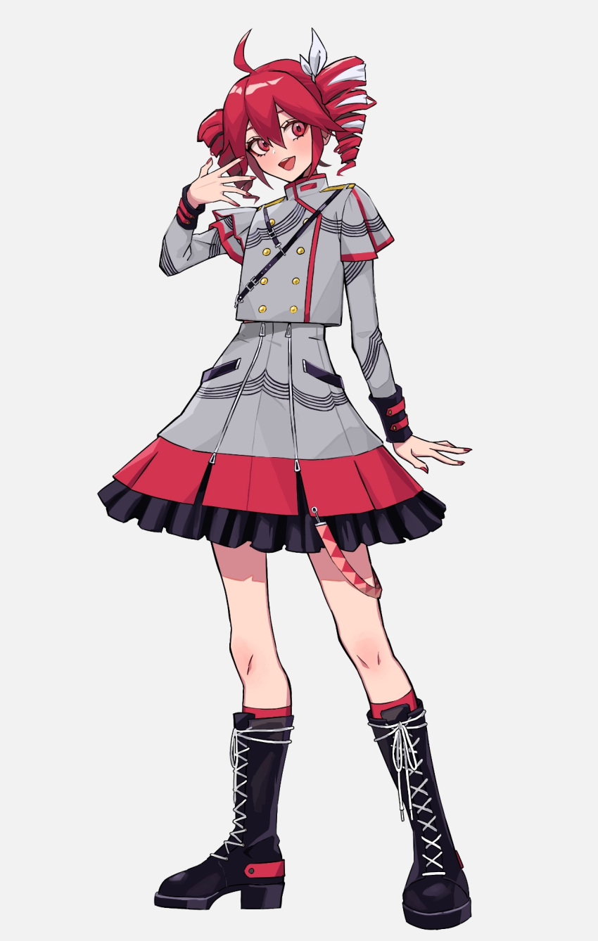 ahoge, arm_at_side, belt, black_belt, black_boots, black_skirt, black_sleeve_cuffs, blush, boots, bow, buttons, double-breasted, full_body, grey_background, grey_skirt, hair_between_eyes, hair_bow, hair_ribbon, hand_up, hashtag-only_commentary, highres, jacket, kasane_teto, kasane_teto_(sv), kneeling, lace-up_boots, layered_skirt, layered_sleeves, long_sleeves, looking_at_viewer, mujikuro, musical_staff, musical_staff_print, open_mouth, platform_boots, red_belt, red_eyes, red_hair, red_skirt, red_socks, red_trim, ribbon, shoulder_belt, shoulder_boards, simple_background, skirt, skirt_set, socks, standing, striped_clothes, striped_jacket, striped_skirt, synthesizer_v, twin_drills, twintails, utau, white_bow, white_ribbon