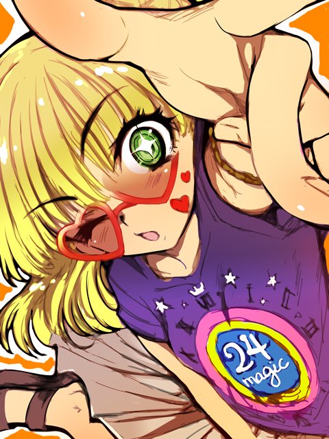 1girl, blonde_hair, blush, commentary_request, foreshortening, green_eyes, heart, heart-shaped_eyewear