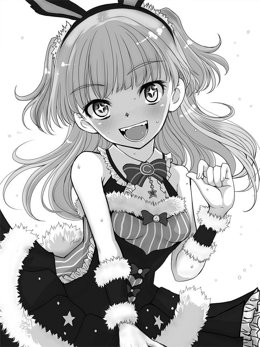 1girl, animal_ears, bare_shoulders, breasts, commentary_request, fake_animal_ears, fur_trim, greyscale