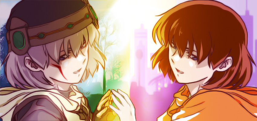 .hack//, .hack//sign, 1boy, 1girl, adhemas, blue_eyes, brown_gloves, brown_hair