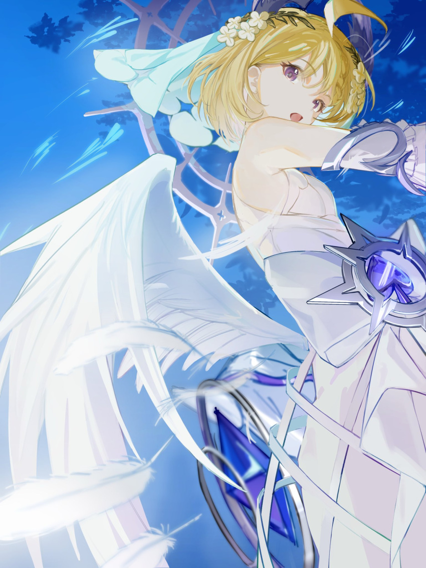 1girl, ahoge, bare_shoulders, blonde_hair, blue_sky, blue_veil, braid, breasts