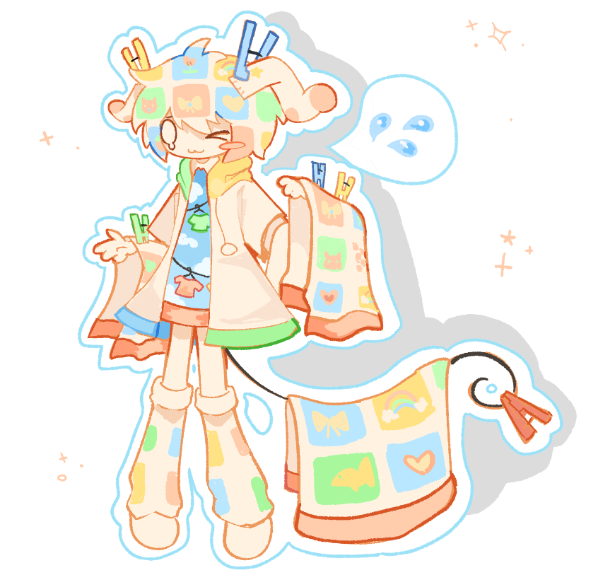 1other, :3, androgynous, animal_ears, blanket, blue_shirt, bomal1215_(style), clothes_pin, clothesline, cloud_print, colored_skin, heisei_retro, hood, hood_down, hoodie, leg_warmers, metanoizes, multicolored_hair, open_clothes, open_hoodie, original, other_focus, personification, shirt, short_hair, simple_background, socks, solo, spoken_sweatdrop, sweatdrop, tail, white_background, white_hoodie, white_skin