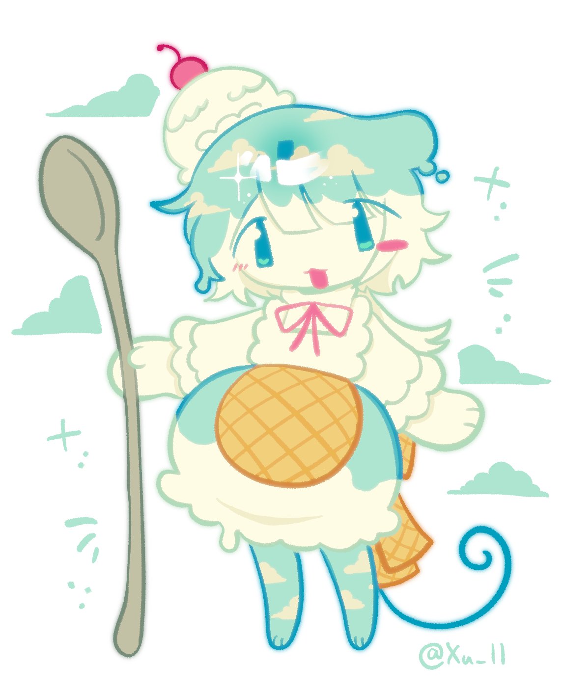 1girl, animal_ears, animal_feet, apron, blue_dress, blue_eyes, blue_hair, blue_skin