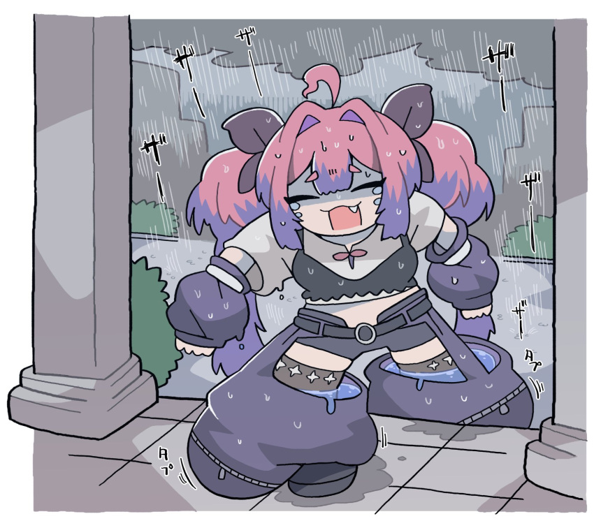 1girl, ahoge, arm_warmers, baggy_pants, belt, black_bra, black_pants, border