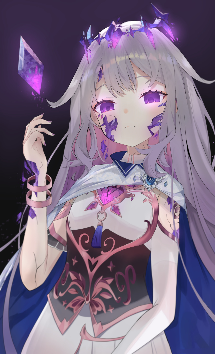 1girl, absurdres, black_corset, bracelet, castellayaki, chest_jewel, cloak, closed_mouth