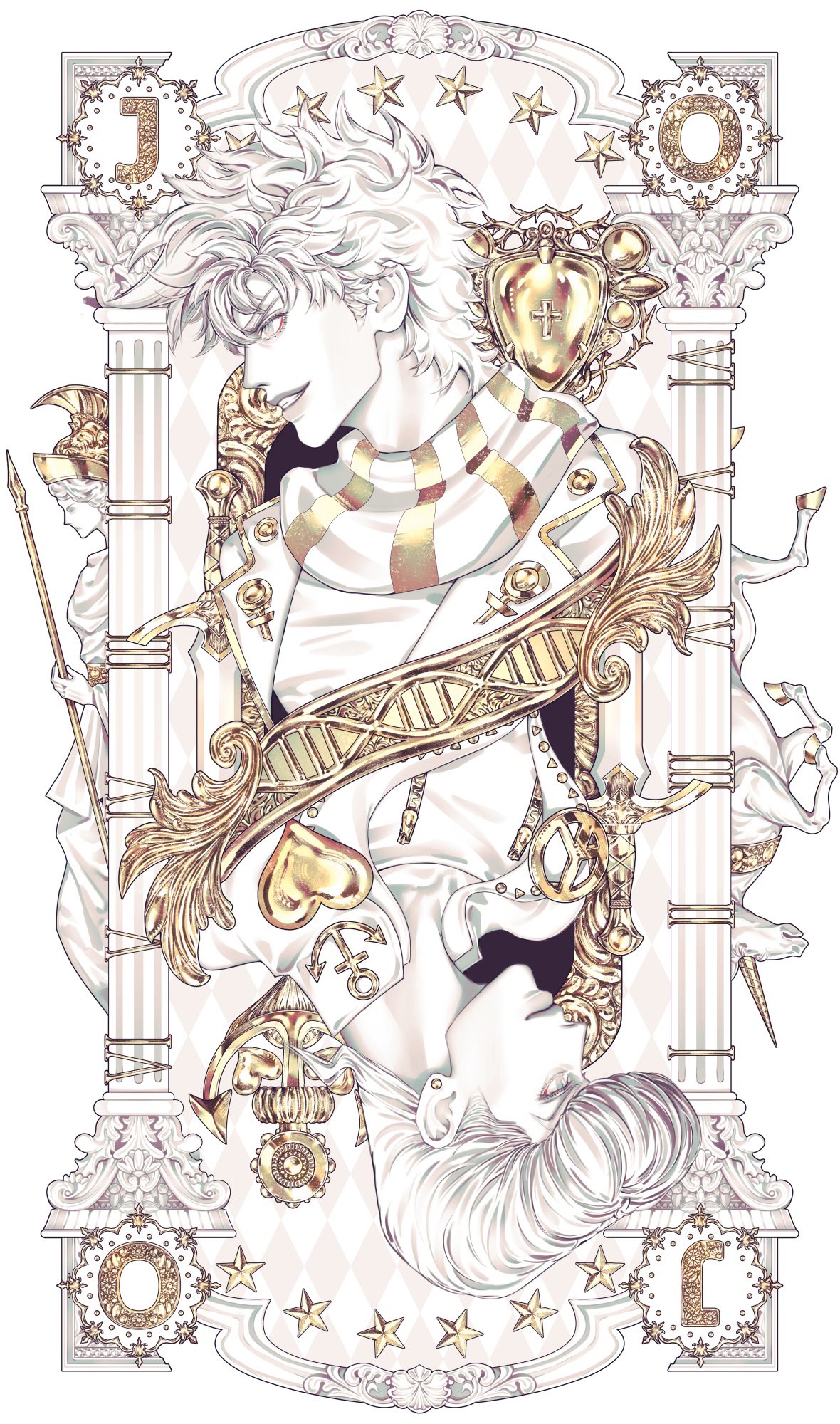 2boys, anchor_ornament, battle_tendency, brooch, colored_skin, diamond_wa_kudakenai, father_and_son, gakuran