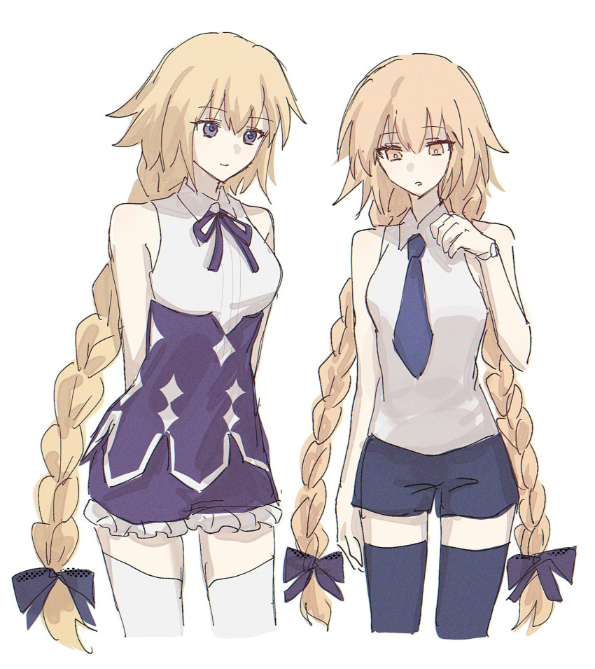 2girls, alternate_costume, arms_behind_back, bare_shoulders, blonde_hair, blue_bow, blue_necktie, blue_shorts